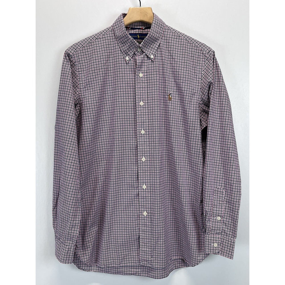 Polo Ralph Lauren Button Down Shirt Sz Medium Mens Plaid Stretch Flesh Pony